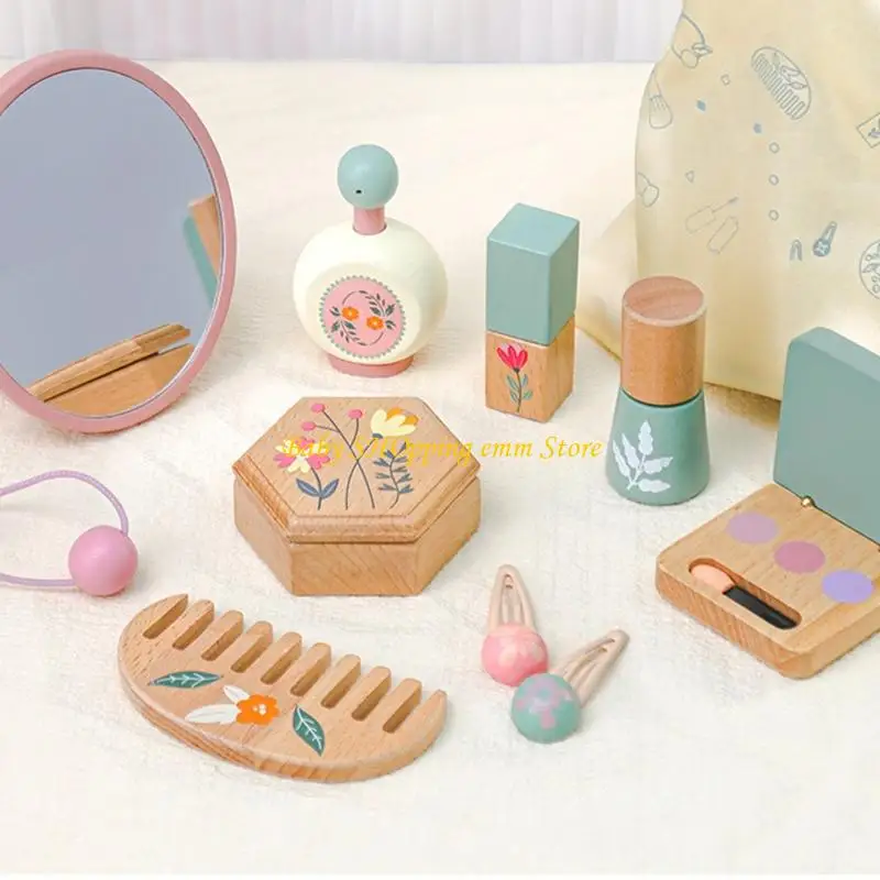 23gd Holz Make -up -Spielset mit Kammspiegelpulver vorstellen, Geschenk für Mädchen 3+