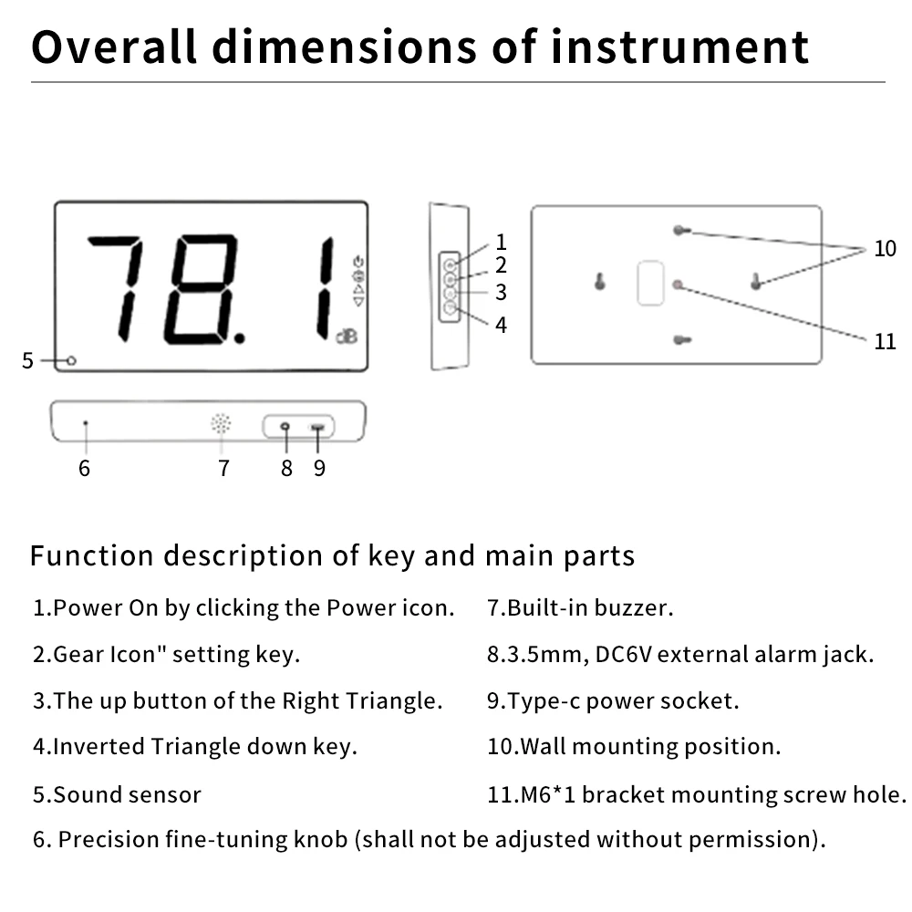 LCD Digital Noise Meter Wall Mounted Sound Level Detector 30-130dB Measuring Range With Sound Alarm for Hospital School