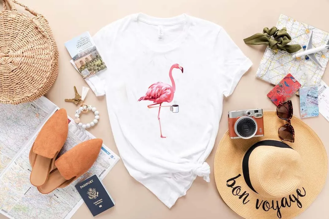 

Funny Flamingo Coffee T Shirt Tropical Bird Summer Vibes Pink Fun Animal BG148