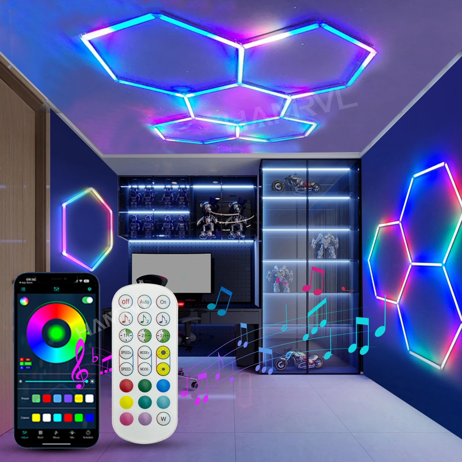 

RGB шестиугольный гаражный светодиодный потолочный светильник с регулируемой яркостью, меняющий цвет, декоративные светильники для деталей автомобиля, зала, вечеринки, клуба, вечеринки, игр, настенная панель, бар