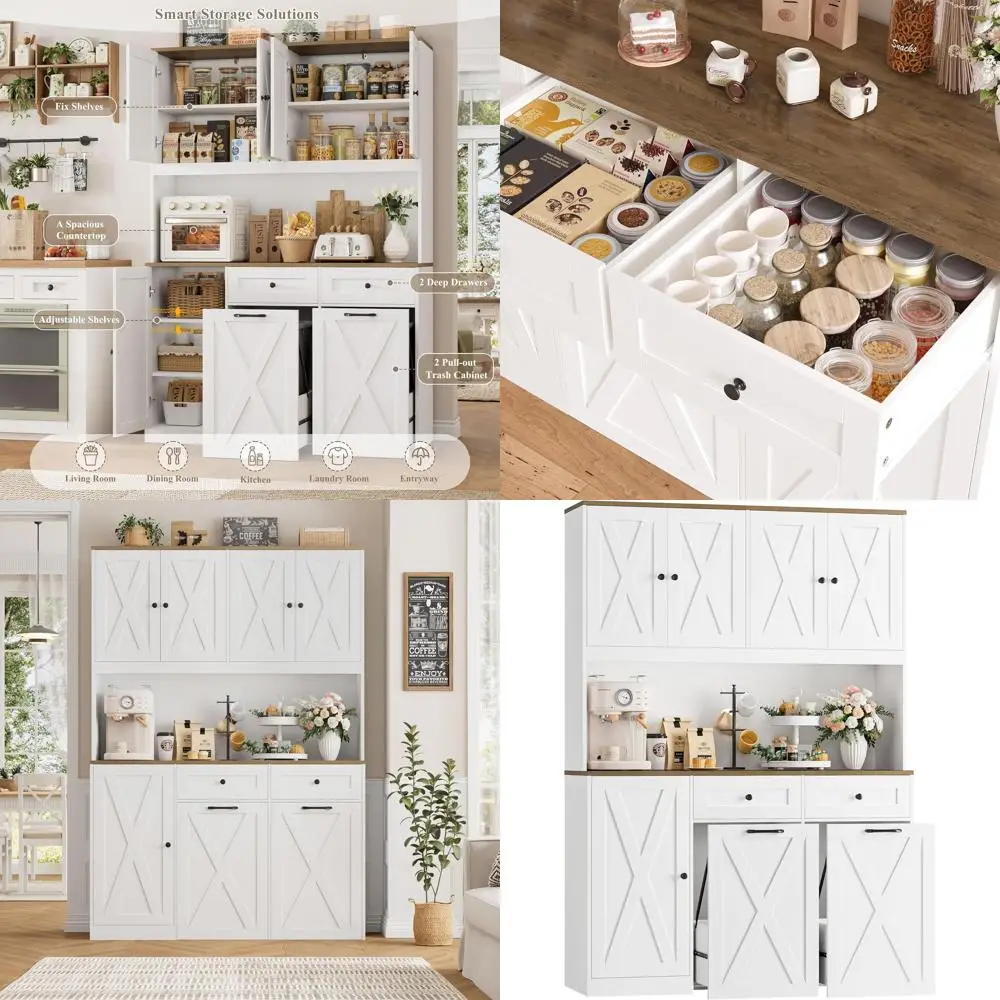 

Кухонный шкаф-пенал для мусорных баков с двойным выдвижным механизмом, 12,5 галлонов, 47 дюймов в ширину, со скрытым хранением контейнеров, белый