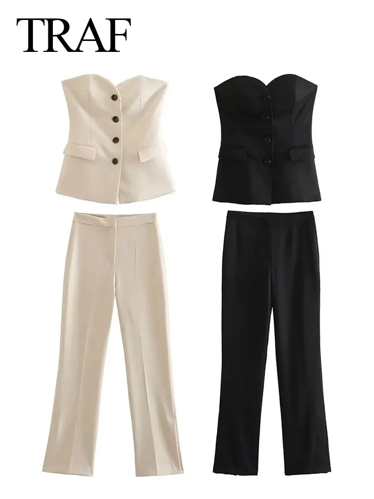 TRAF 2024 Women Fashion Solid Pant Suit Sleeveless Off Shoulder Single Breasted Tube Top+Simple All-match Straight Trousers Set