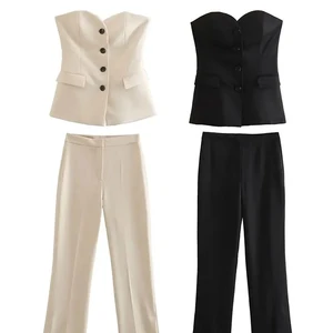 Traf-Foot-Paste und Frauen einzigartiger Brustoberteil, ärmelloses, monochrom, schulter draußen, einfach, set gerader hose, fashion, 2022 8 Hauptverkaufs -Frauen -Executive -Set - №5