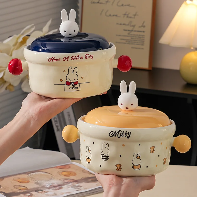 

2025 New Kawaii Miffy Rabbit Covered Double Ear Ceramic Bowl Cartoon Large Capacity with Spoon Instant Noodle Bowl