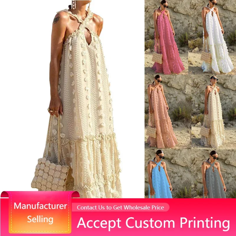 

Women Long Dress Summer Sexy Beach Clothes Sleeveless Off Shoulder Dresses Hanging Neck Floor Sweeping Cake Shirt