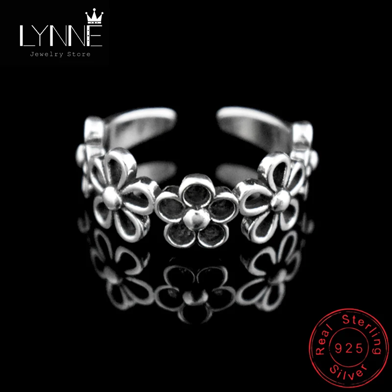 

Wholesale Jewelry Antique 925 Sterling Silver Hollow Flower Rings Resizable Women Vintage Ethnic Style Cherry Blossoms Ring Gift