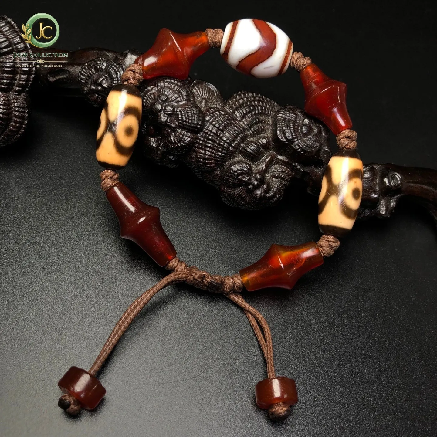 Rare Tibetan Buddhism Agate Tiger Tooth&3 Eyes Dzi Beads Amulet Bracelet Z1879