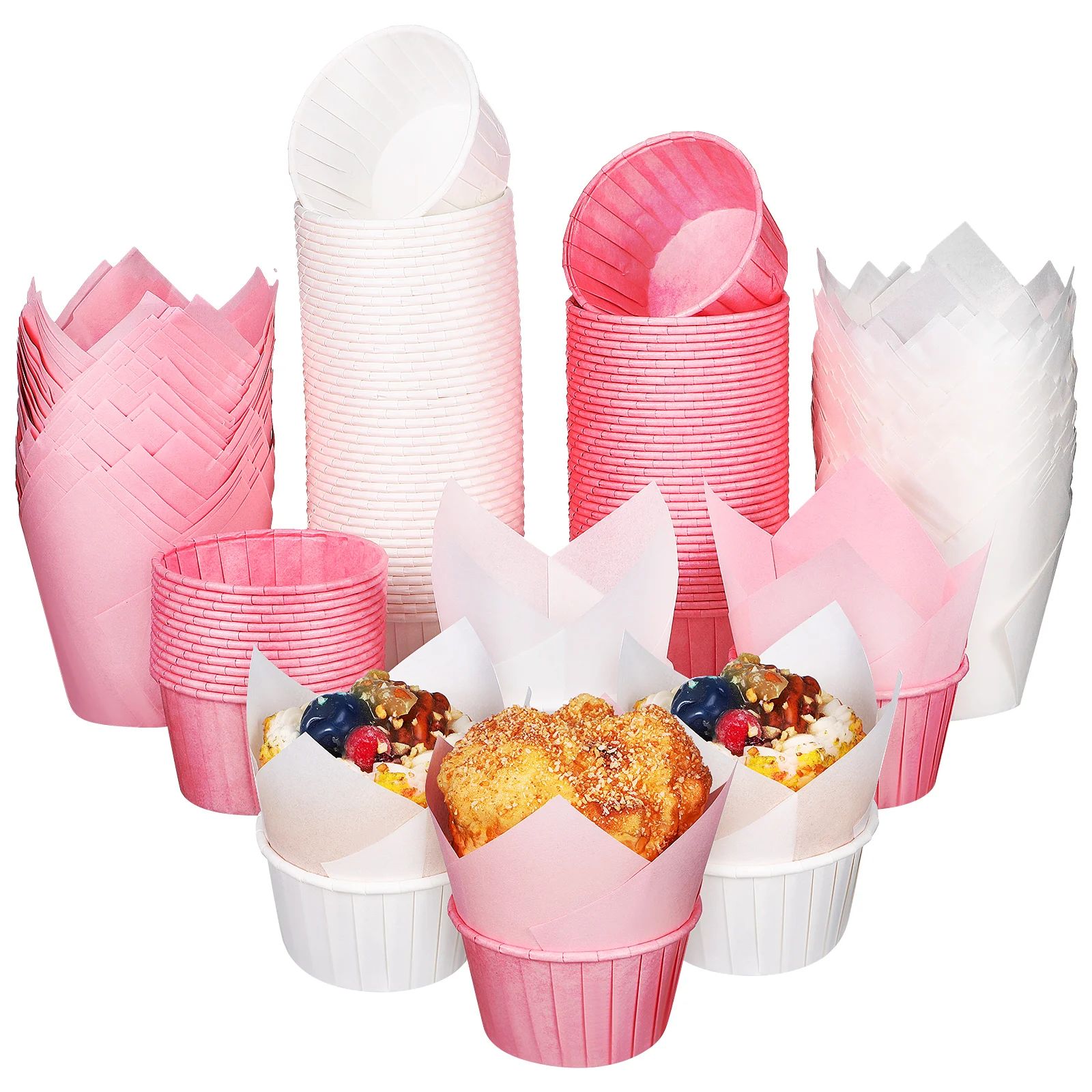 

200pcs Cake Cups Paper Liners 50 White 50 Pink Tulip Muffin Baking Papers Disposable Safe Hygienic High Temp Smooth Surface