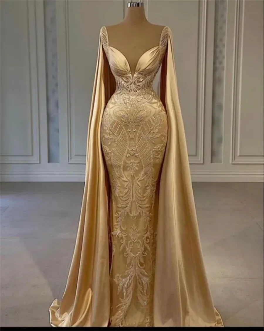 Robe de Bal Sexy en Satin de Sirène Dorée, Tenue de Soirée à Manches sulf, Cape, avec Appliques en Dentelle, Côtés Découpés, Dos aux, Quelle que soit la Tenue de ix, 2024