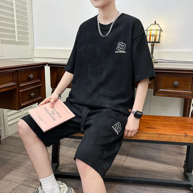 

Comfortable short-sleeved men's suit summer casual five-point shorts Short sleeved shorts personality stylish two-piece suit men