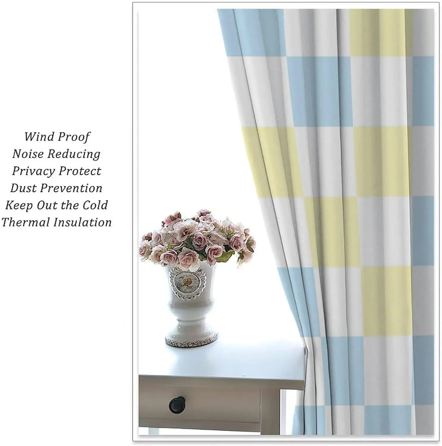 Blue and cream gingham checked plaid curtains set for living room and bedroom window decor farmhouse cottage style drapery panel