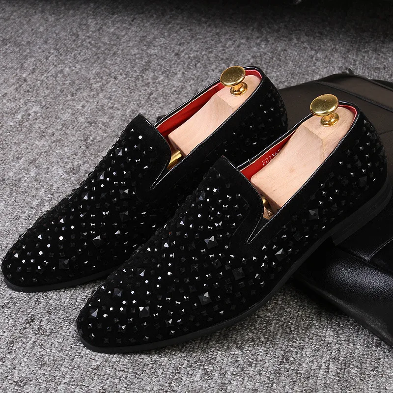 Comfortable Man Loafers Shoes Leather Casual Mens Rhinestone Driving Shoes Man Flats Maccosins Wedding Slip-on Club Shoe