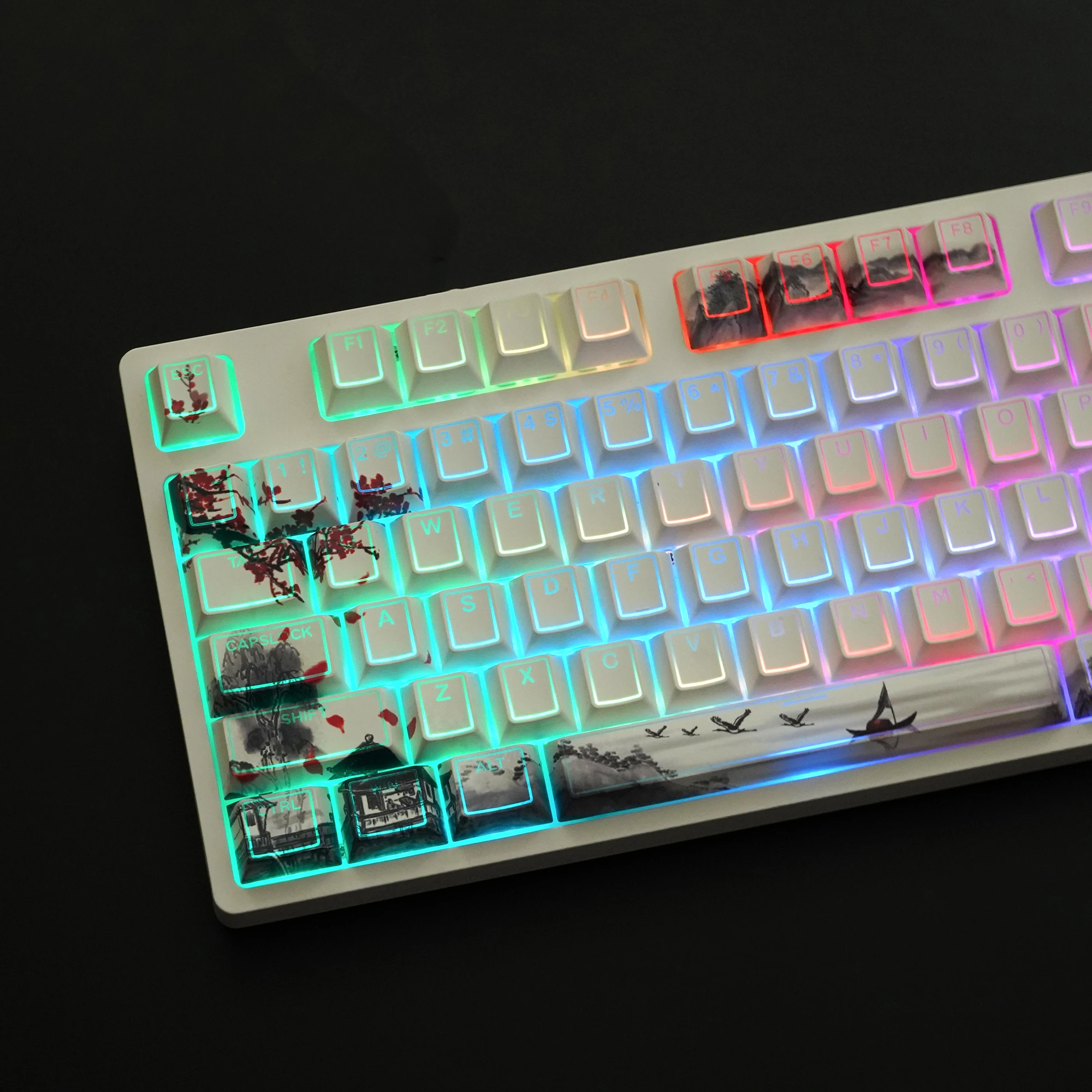 142 Keys PBT Double Shot White Frame Plum Bossom Character Border Backlit Shine Through Cherry Profile for Mechanical Keyboard