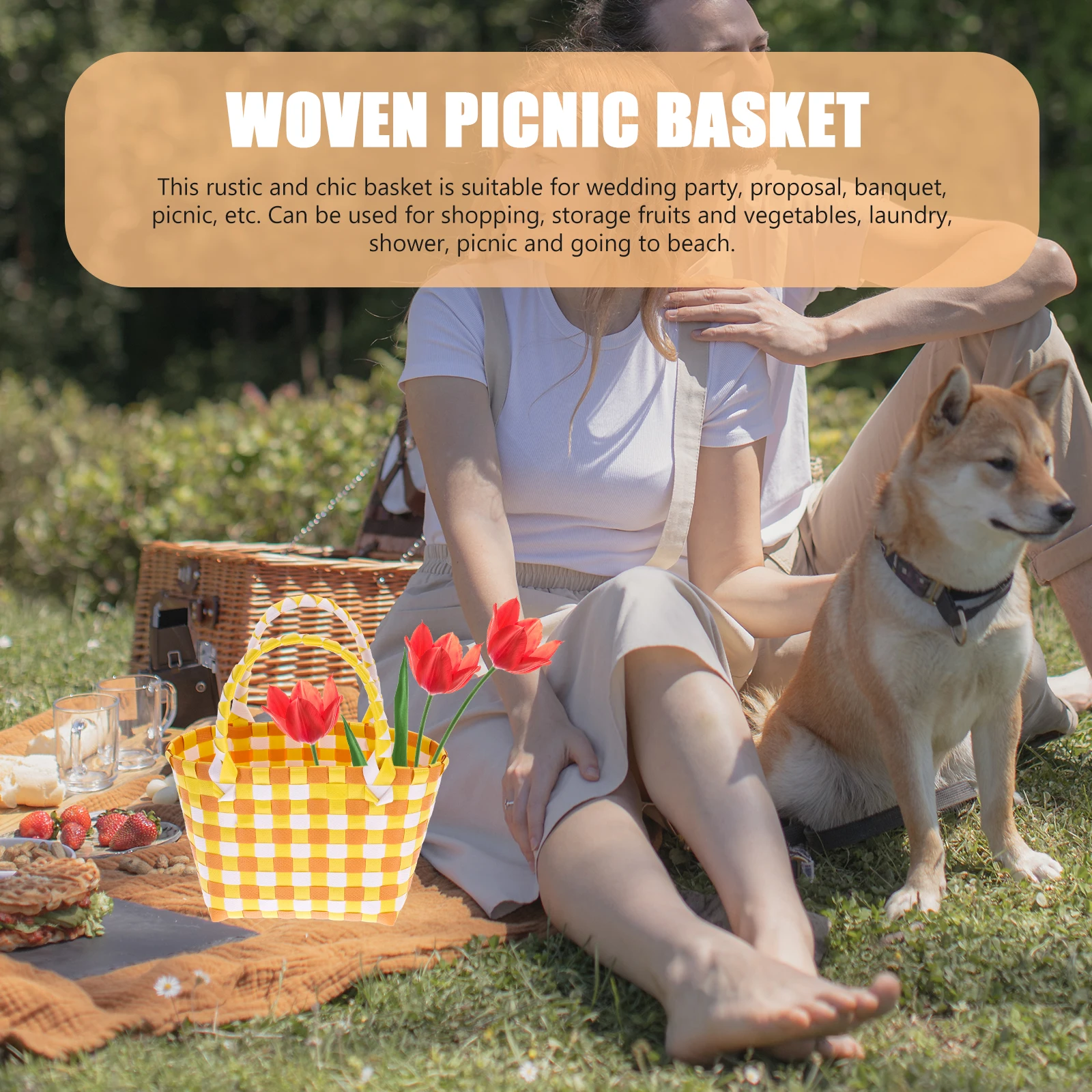 

Rustic Woven Storage Basket With Handle Portable Fruit Shopping Tote Bag For Picnic Camping Travel Home Decoration