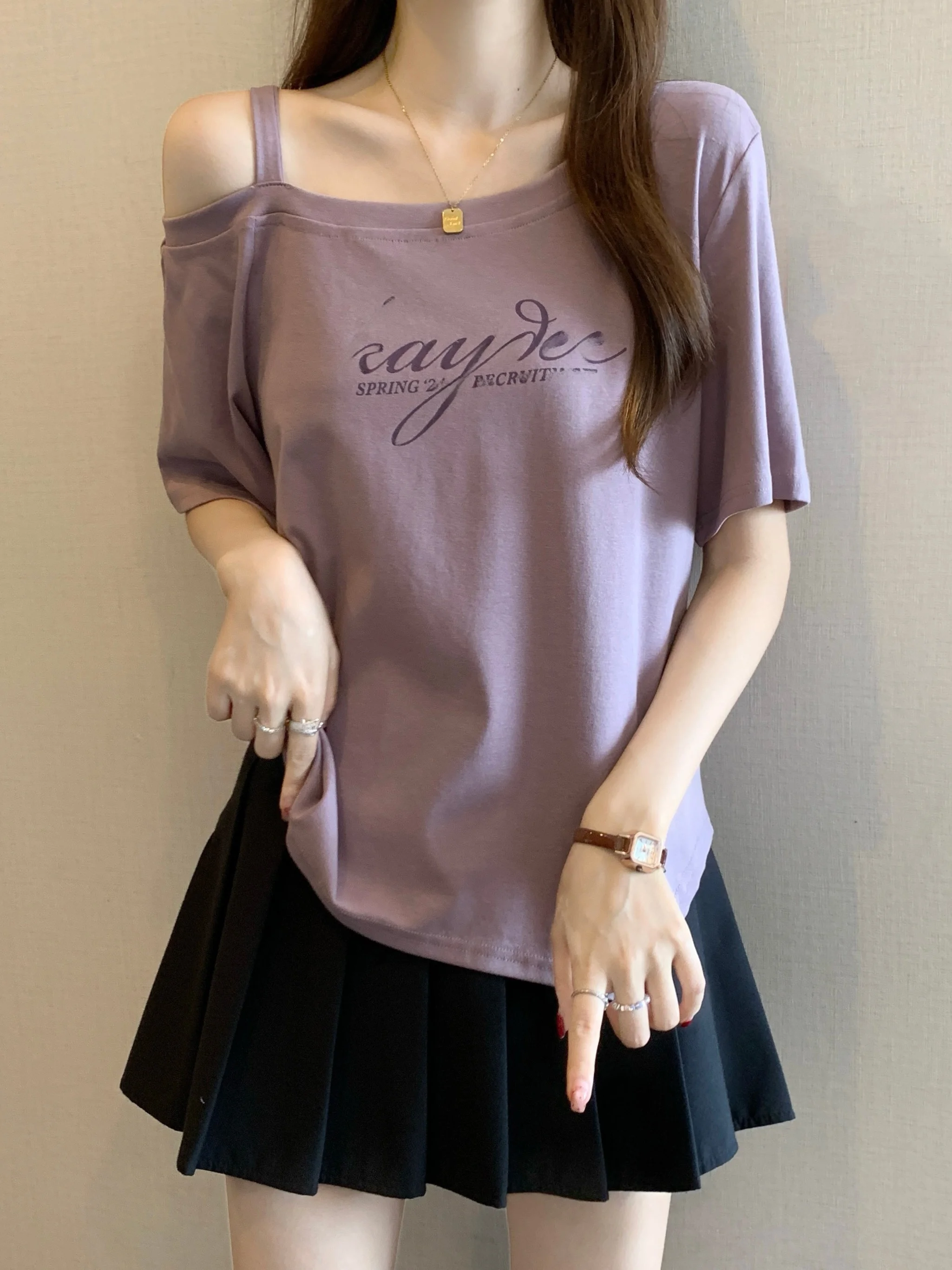 Slimming Effect Ultra-Violet Shoulder Bared Short-Sleeved T-Shirt for Women plus Size Irregular Korean Style Commute Fashion