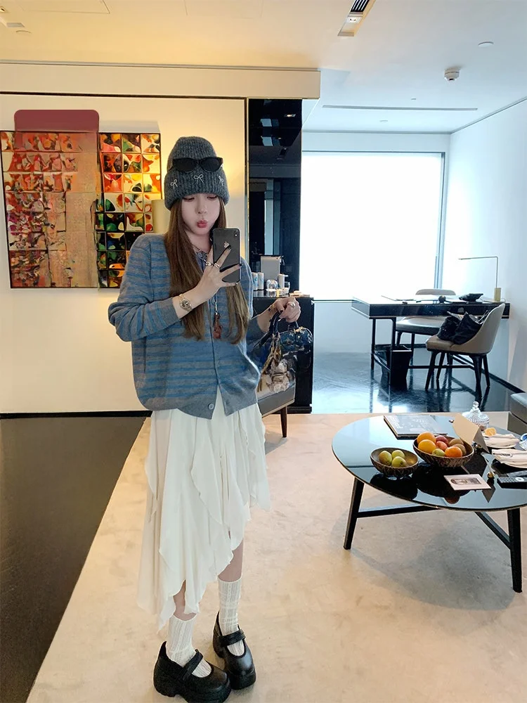 

Белая асимметричная юбка А-силуэта для женщин, весна-осень, с высокой талией, кружевной отделкой и драпировкой, в корейском стиле, для повседневной носки