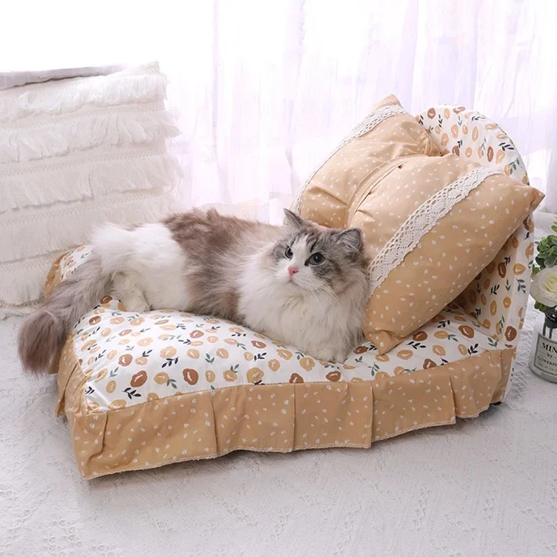 Detachable Pet Sofa Pet Supplies Cute Bow Cat Dog Bed with Pillow Princess Nest Small Medium-sized Dog Mattress Sleeping Pad