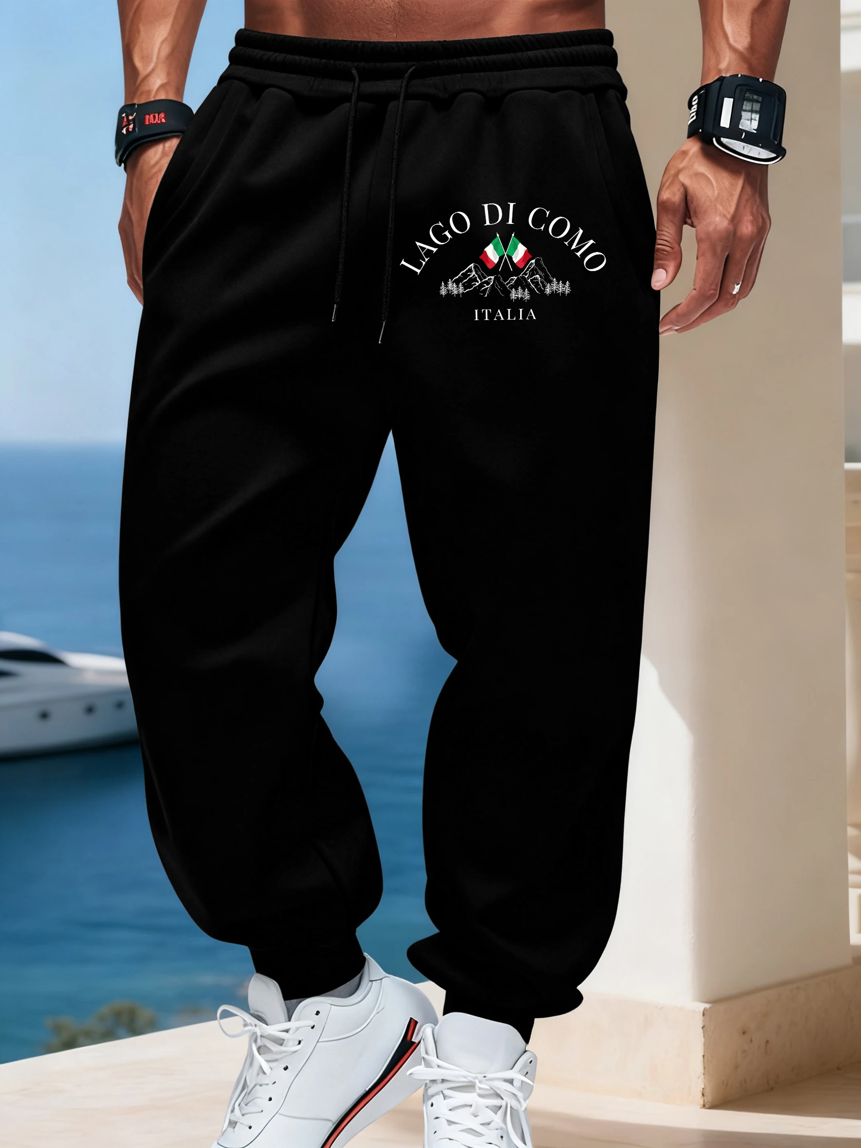 

Lago Di Como Italia Print Mens Casual Soft Trousers Vintage Warm Sportpants Versatile Autumn Sweatpants Street Basic Britches