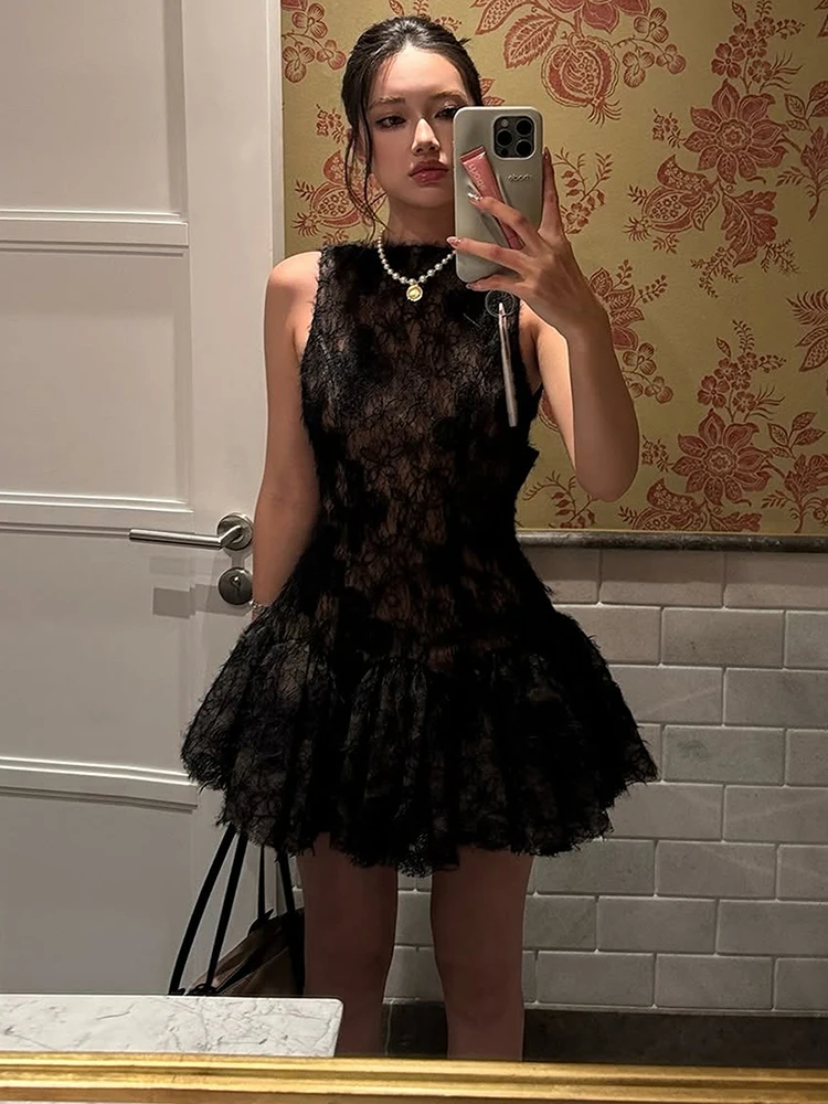 Sisterlinda doce arco sem costas borla vestido feminino sexy jacquard sem mangas retalhos em camadas moda chique festa clube bodycon