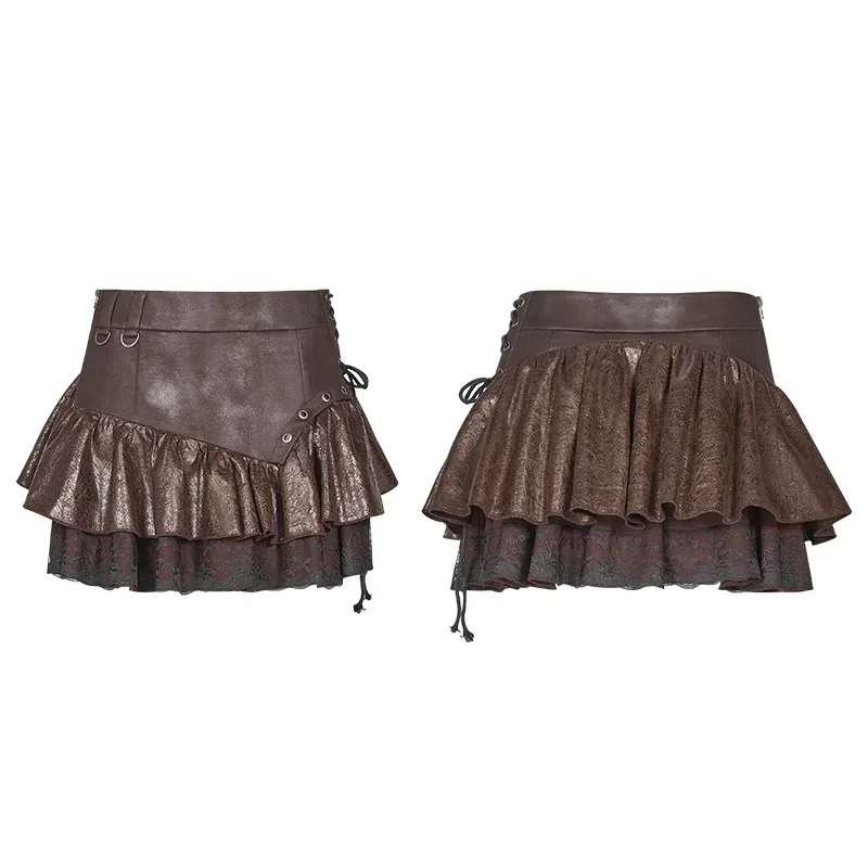 PUNK RAVE New Casual Fashion Steampunk Ruffles Lace Sexy Pu Leather Punk A-Line Women Miniskirt Party Bubble Goth Mini Skirt