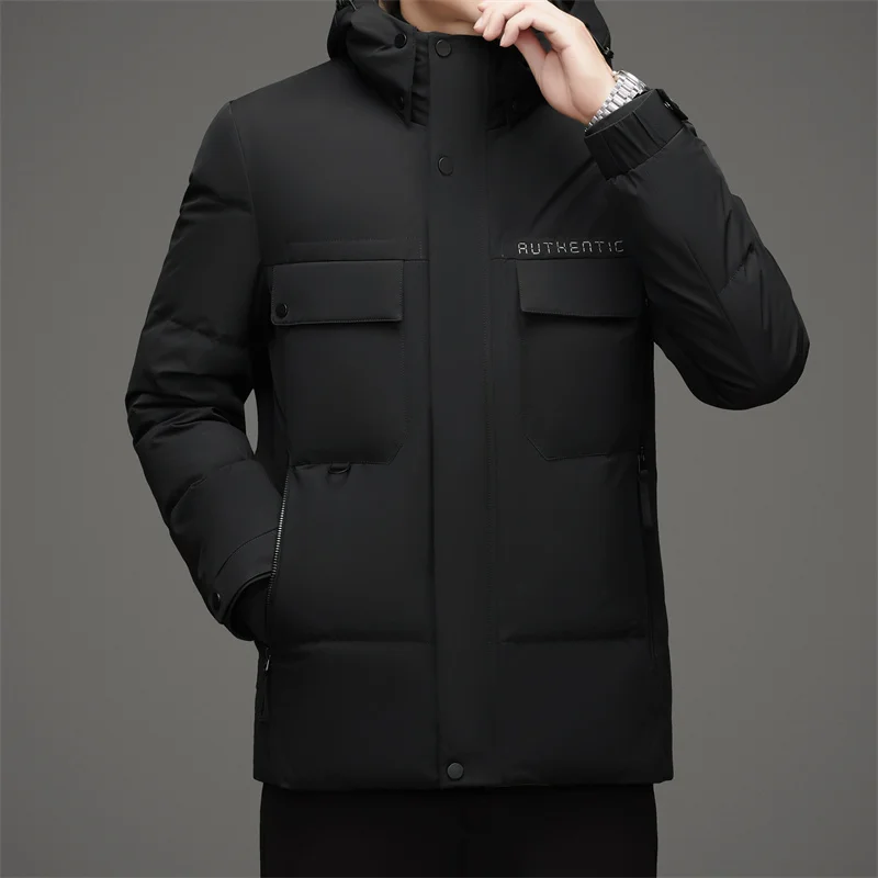 Winter Men Hooded Puffer Parkas Black Beige Khaki White Duck Down Basic Coat Hood Detachable Design Outerwear Thermal Jackets