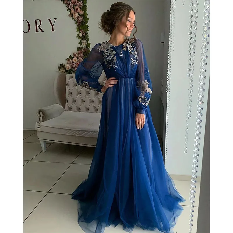 Vestidos de graduación de manga larga, ropa de fiesta Formal con apliques de encaje de línea A, vestidos de noche para ocasiones especiales, azul