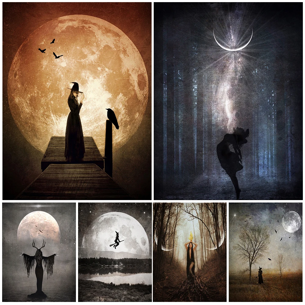 New Moon Goddess And Full Moon Gothic Witch Wall Art Canvas Painting Moon Spells And Astrology Witchcraft Poster And Print Decor