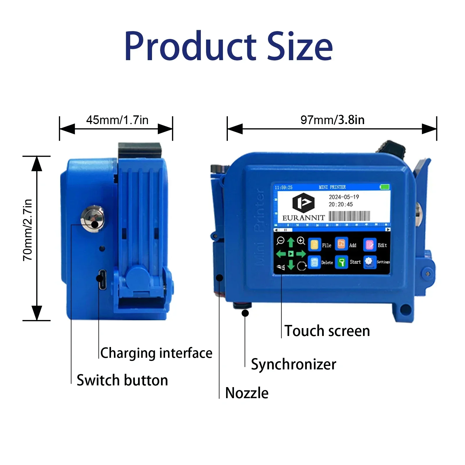 EURANNIT E11 0.5 インチマルチカラーポータブルミニプリンタハンドヘルドインクジェットプリンタインクなし QR バーコードロゴ日付印刷機