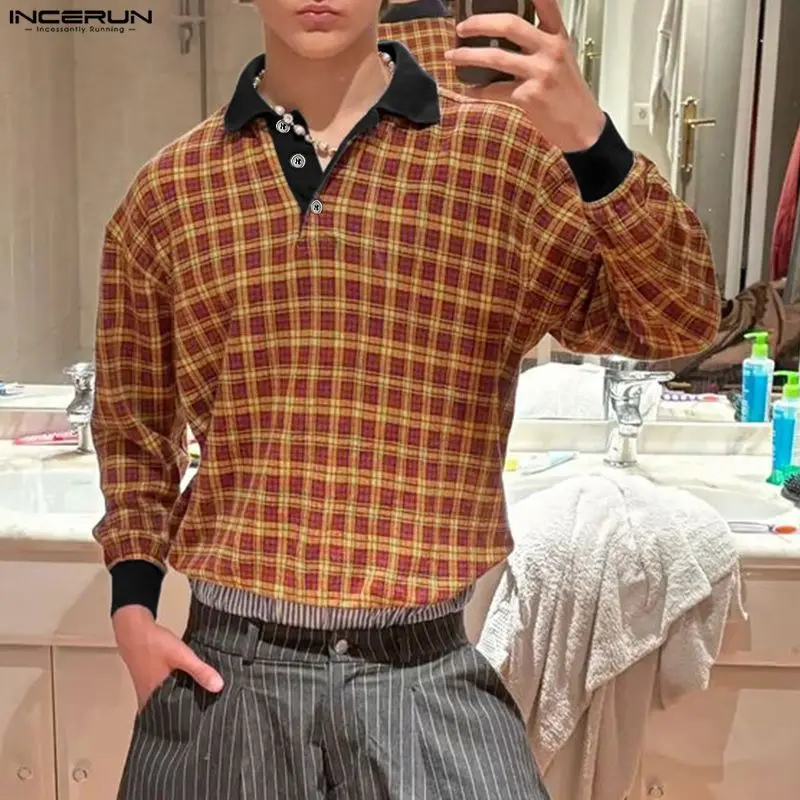 

INCERUN Men Shirt Plaid Patchwork Lapel Long Sleeve Casual Men Clothing Streetwear Loose 2026 Fashion Leisure Tops Male Shirts