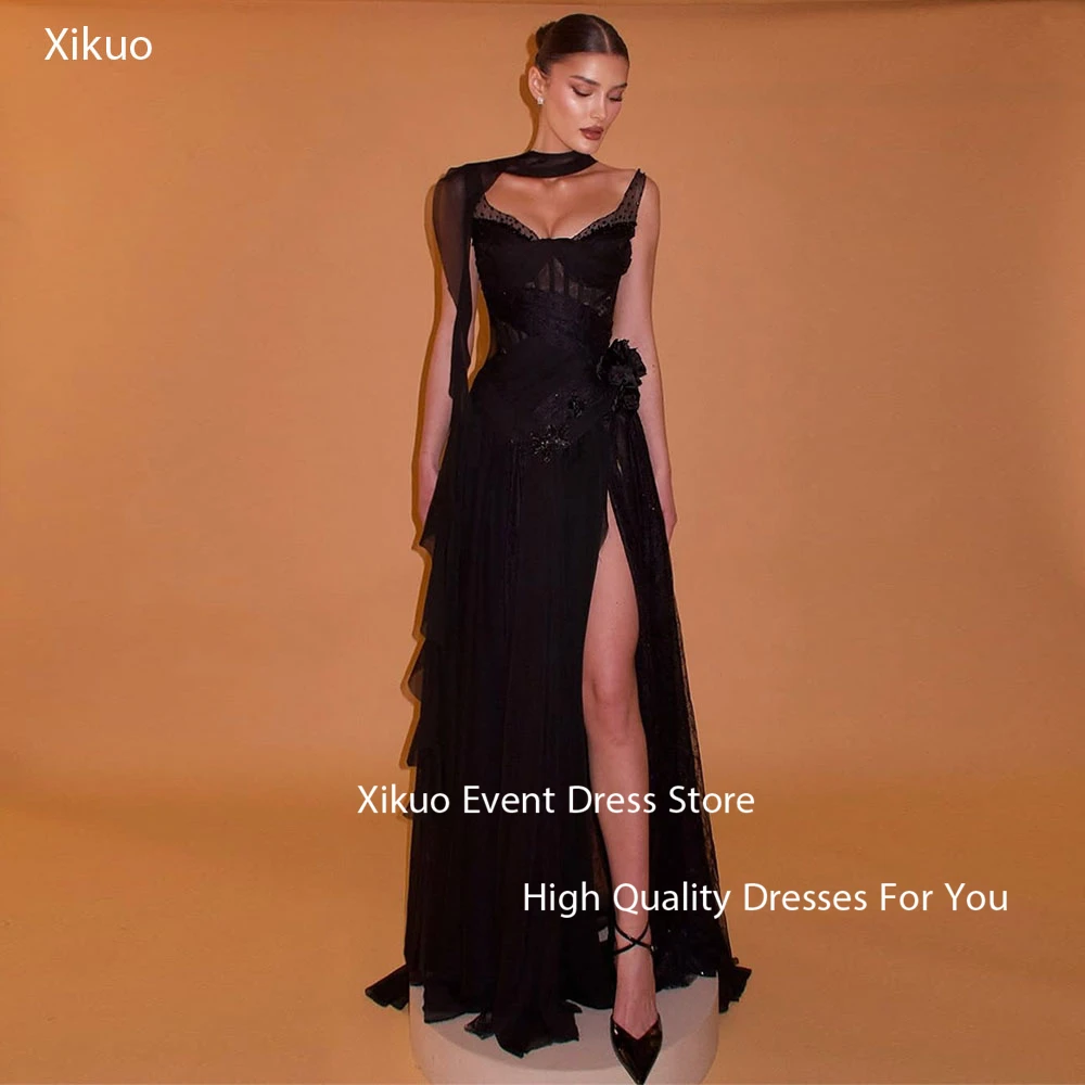 

Xikuo Elegant Black Chiffon Evening Dress Sweetheart Crystal Mermaid Prom Gowns Woman 3D flower Robe Cocktail Femme Customized