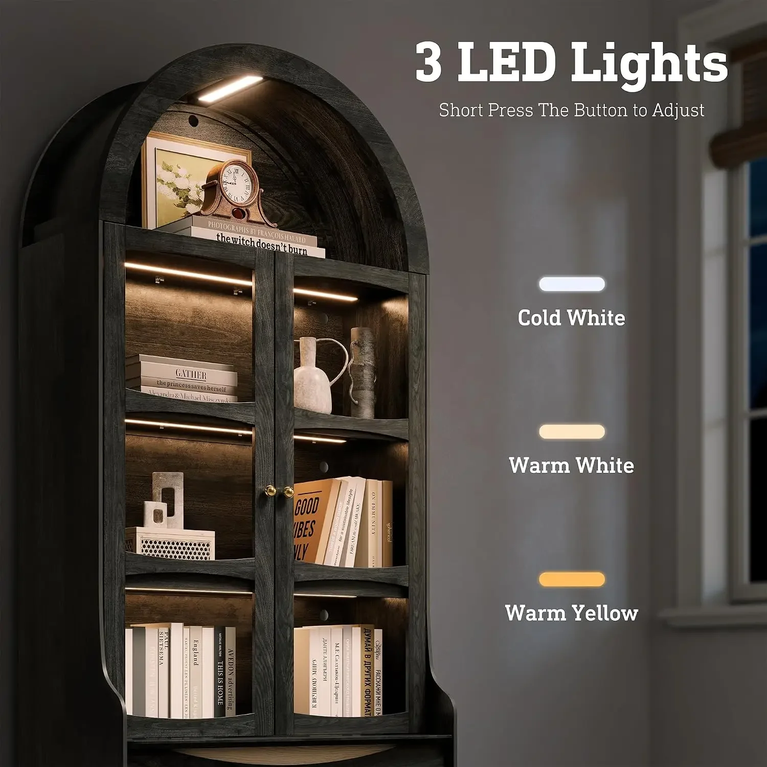 74" Tall Arched Bookshelf with LED Lights,4-Tier Modern Farmhouse Arched Bookcase with Glass Doors and Shelves,Wooden Display Ca - view 6
