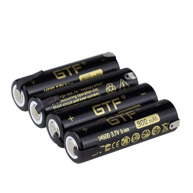 GTF 3.7V 900mAh 14500 with tab real capacity Li-Ion Rechargeable Battery for flashlight/remote control/toy point head 14500