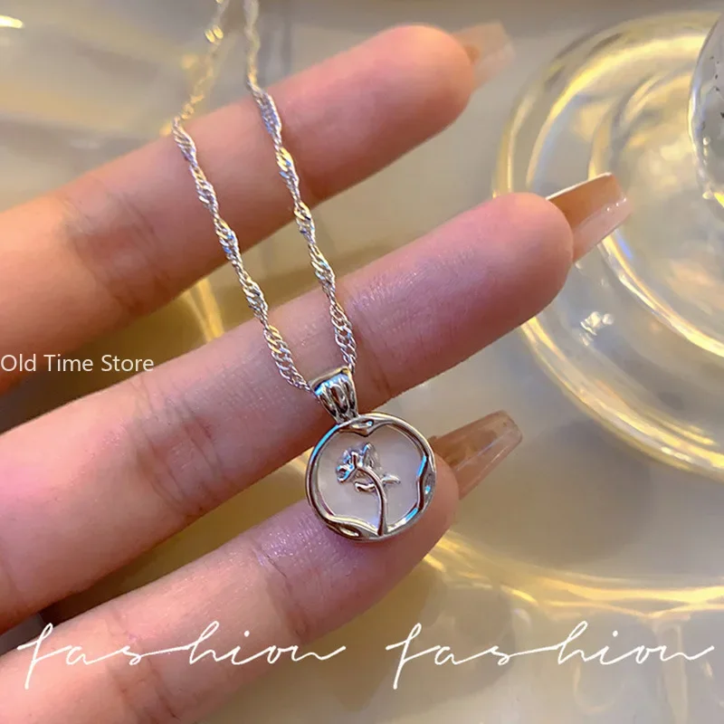 New Irregular Round Shell Metal Rose Pendant Stainless Steel Necklace for Women\'s Vintage Clavicle Chain Party Luxury Jewelry