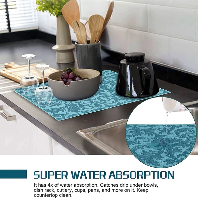 بساط تجفيف الأطباق، 2 عبوة من بساط تجفيف الأطباق، بساط تجفيف ماص، طبق قابل للغسل في الغسالة