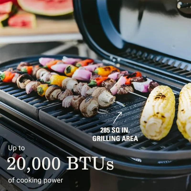 285 Portable Stand-Up Propane Grill, Gas Grill with 3 Adjustable Burners & Instastart Push-Button Ignition; Great for Camping