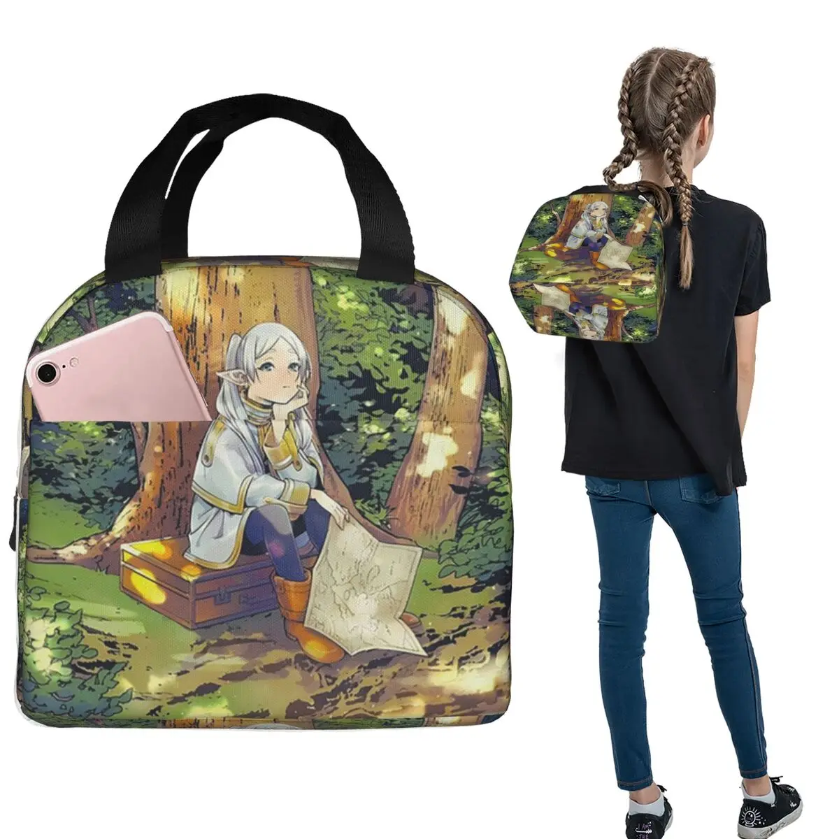 

Sousou No Frieren Thinking Insulated Lunch Bag for Women Kids Leakproof Food Boxes Thermal Lunch Box Tote