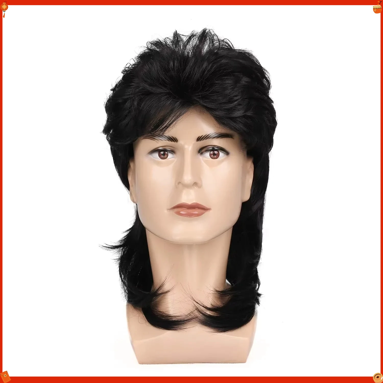 Synthetic Retro Mullet Wig for Men Black 70s 80s Costume Party Cosplay Accessory Fancy Hairpiece Festival Halloween