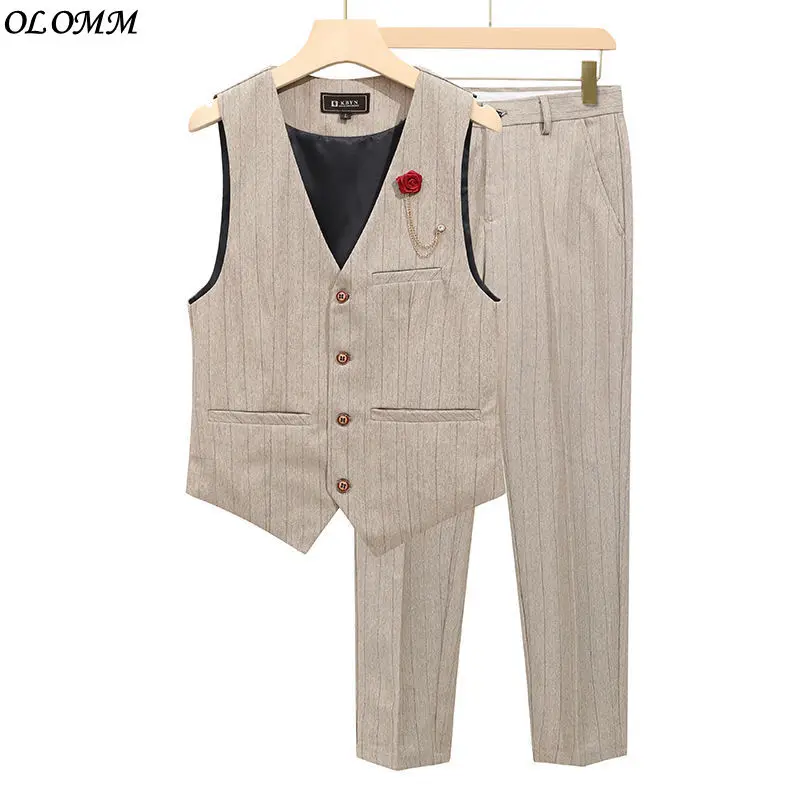 10XL Business Casual Trend Slim Waistcoat Trousers Two-piece Men's All Season Commuting Stripe Suit Latest Coat Pant Designs