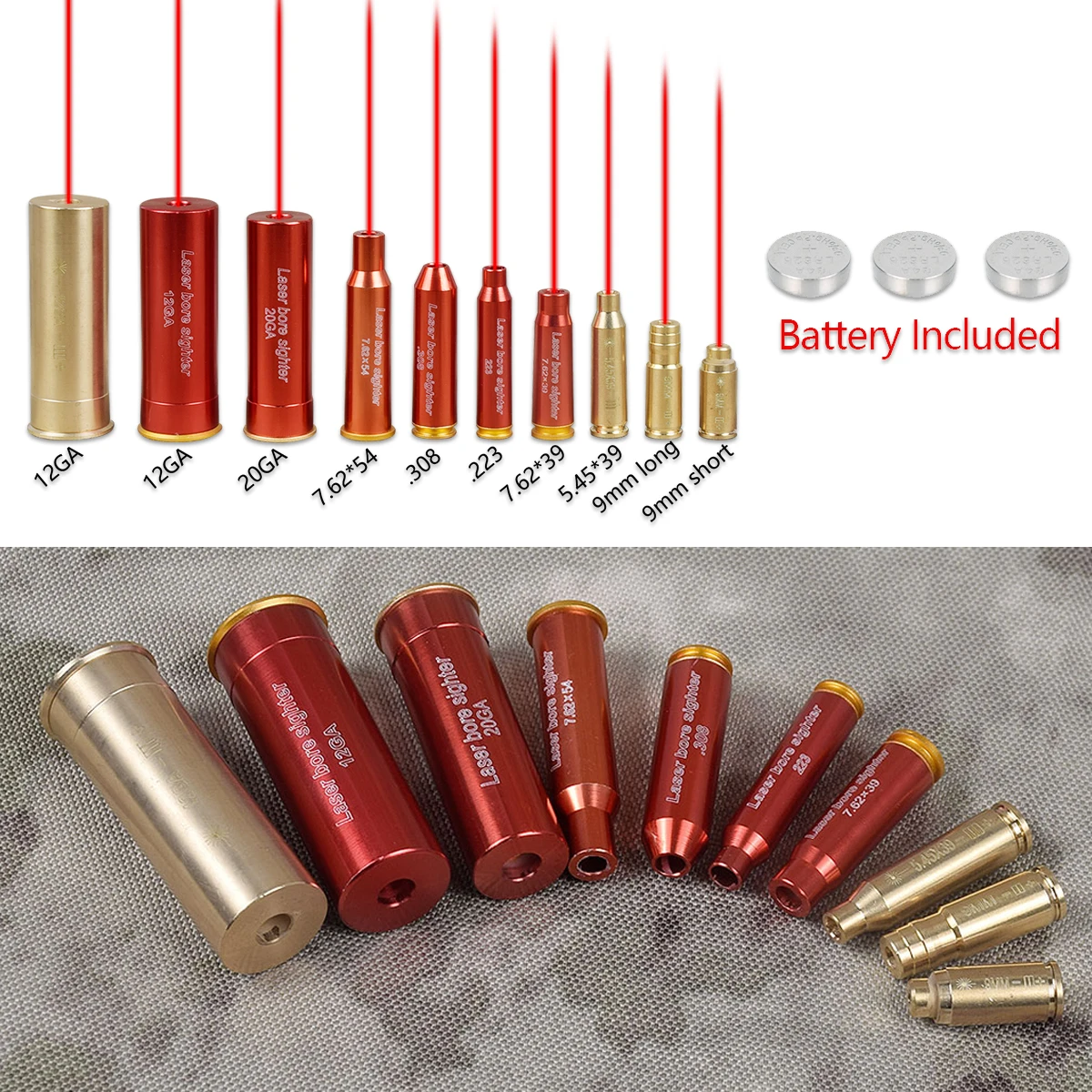 Red Laser Bore Sight Brass Boresight CAL Cartridge Bore Sighter For Scope Hunting  .223 .308 9MM 7.62x39 7.62X54 12GA Gauge