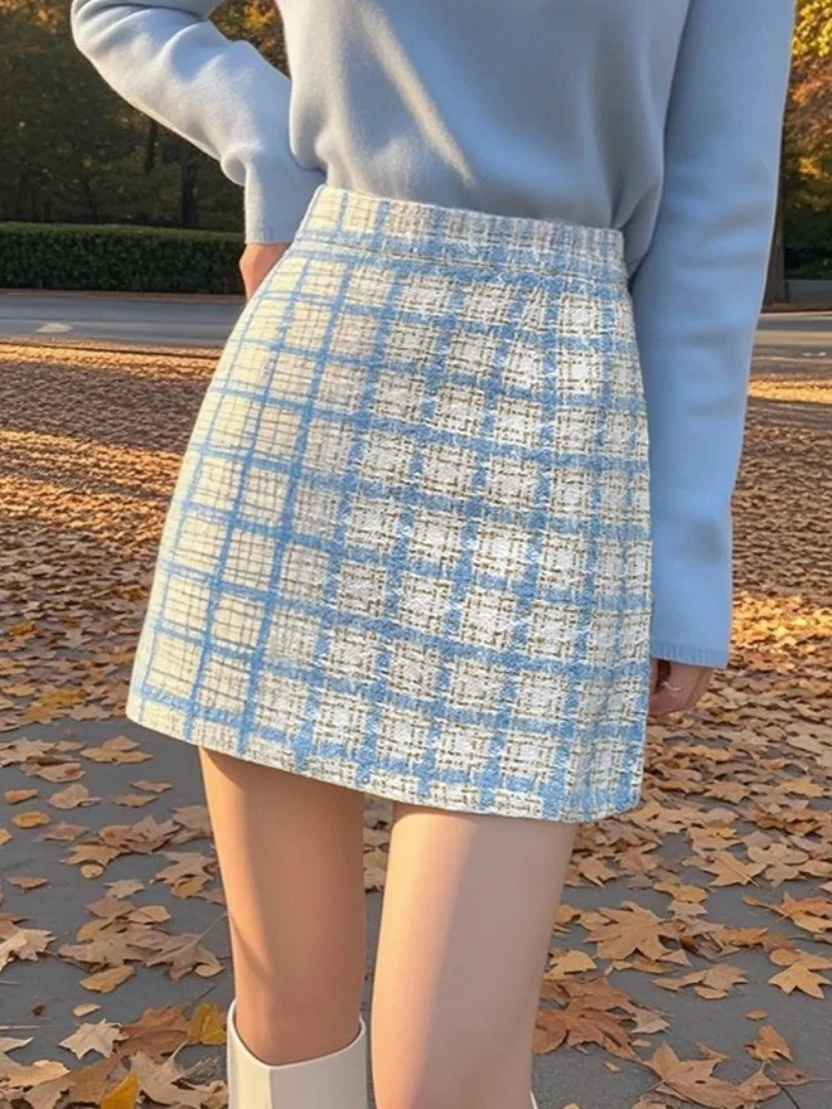 

New Fashion Plaid Tweed Shorts Skirt Autumn Winter Women Pencil A-Line Skirts Vintage Elegant Mini High Waist Woolen Skirts