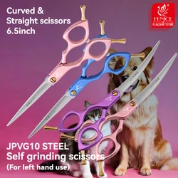 Fenice JP VG10 Professiona Left Hand Self Grinding Scissors 6.5 Inch Curved 35°&Straight Grooming Scissors Pet Scissor for Dogs
