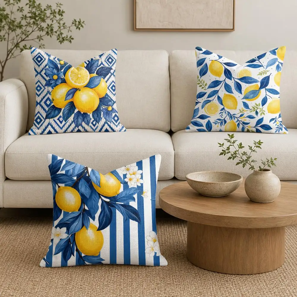 Blue Tile Mediterranean Lemon Cushion Cover Natural Linen Organic Fabric Double-Sided Printing Sofa Home Decor Gift Pillow Cover