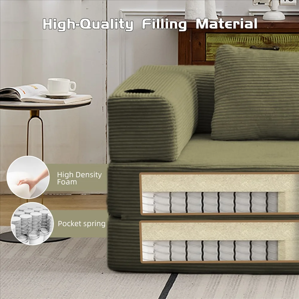 Modernes Frei Kombinierbares Modulares Ecksofa Olivgrüner Cord Convertible Couch mit Getränkehaltern Platzsparende Möbel – Detail 28