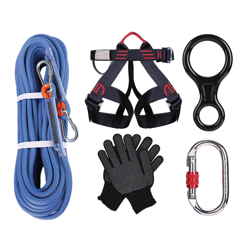 Climbing Safety Harness Set with 10m Static Rope, Figure 8 Descender & Carabiner - Professional Rappelling Gear