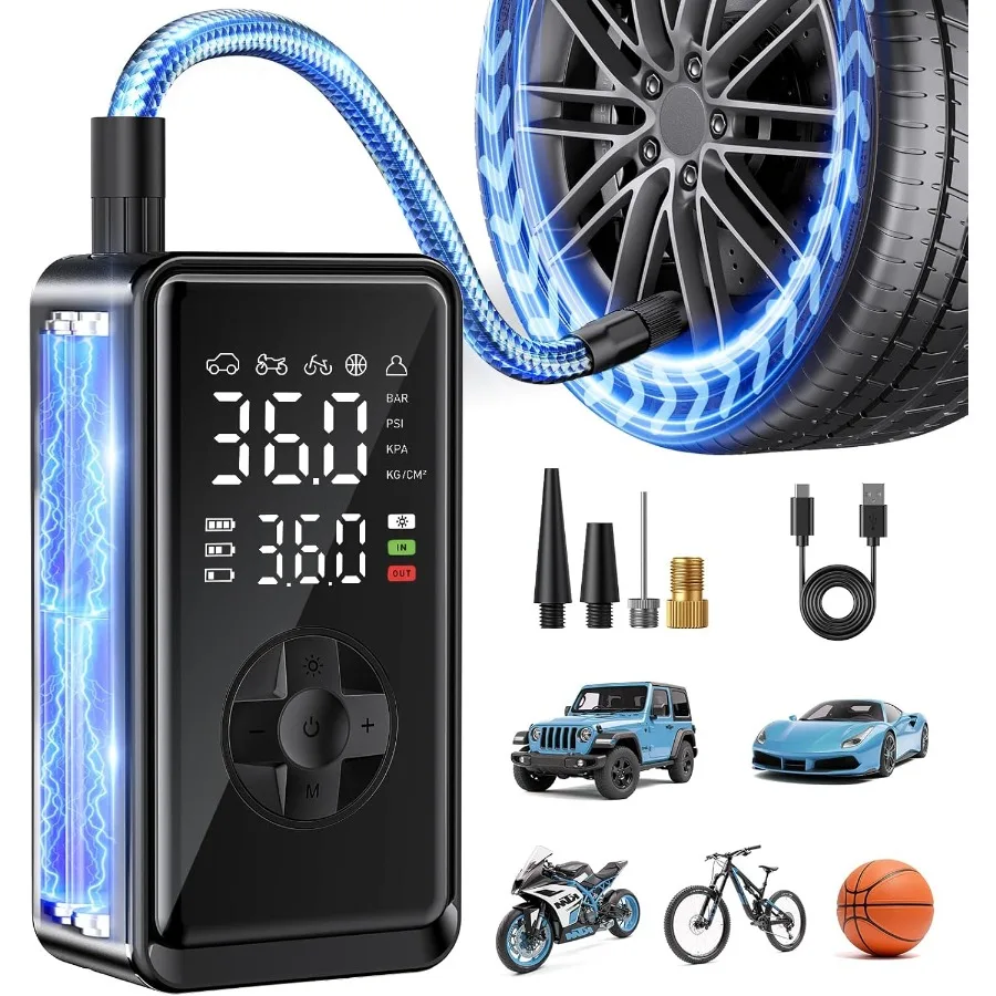 Portable Tire Inflator with Digital Tire Pressure Gauge for Cars Bikes Motorcycles and Balls Dual Digital LCD Display Compact P