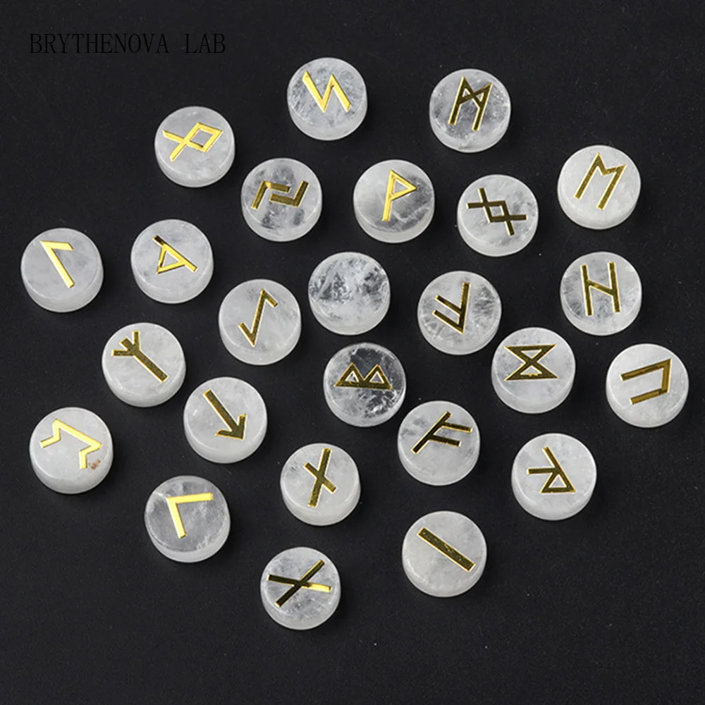 25Pcs Round Rune Stones Set Elegant Golden Rune Engravings Appearance Glossy Elder Futhark Alphabet Symbol Clear Quartz Sets