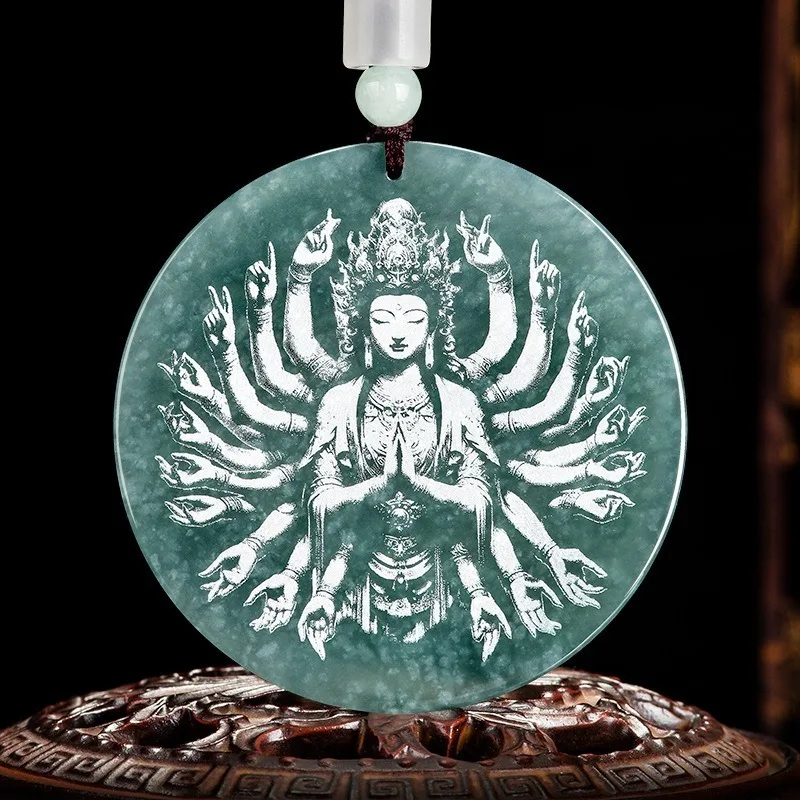 Natural blue water shadow sculpture thousand-handed Guanyin Bodhisattva ice pendant for men and women