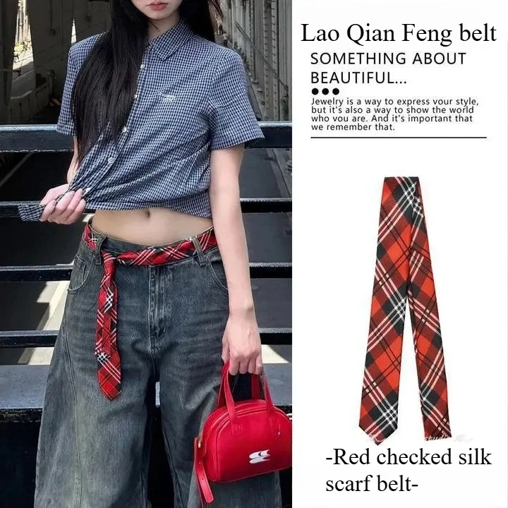 Belt with Melange Style Dual-Use Headscarf, Small Square Puffy Waist Chain, Powerful Decorative Collar Silk Scarf Accessory