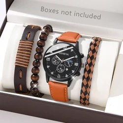 4PCS Brown Men Watch Fashionable Luxury Three Eye Element Dial Quartz Wristwatch Leather Strap Watch Jewelry Set Gift For Him