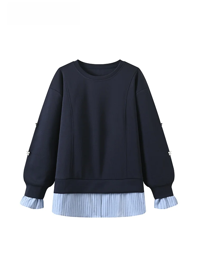 

Loose Long Sve round Ne Sweatirt Women's plus Size Spring New Sle Faionable Top Fat Sister Fake Two-Piece